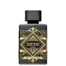 Frasco de perfume preto e dourado da marca Lattafa Perfumes, com rótulo em estilo art déco exibindo o nome "Badeeal Oud" e a descrição "Oud for Glory". O design é elegante e sofisticado, com detalhes decorativos dourados.