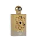 Frasco de perfume dourado da marca Lattafa, com design moderno e detalhes em preto. O rótulo apresenta o nome "Tharwah Gold" em árabe e em inglês, além de um símbolo atômico estilizado.