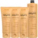 Um shampoo pós-química, dois condicionadores e um leave-in hidratante.