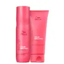 A imagem mostra um shampoo em embalagem cilíndrica rosa de 250ml e um condicionador em embalagem tubular rosa de 200ml. Ambos possuem o logotipo da Wella e a inscrição "Color Brilliance with Lime Caviar".