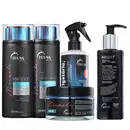 Conjunto de produtos de beleza da marca Truss, incluindo shampoo, condicionador, máscara, sérum e spray, em embalagens pretas e azuis com detalhes em rosa. Os produtos apresentam rótulos e informações sobre suas propriedades e benefícios.