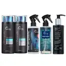 Conjunto de produtos de beleza da marca Truss, incluindo shampoo, condicionador, máscara líquida, tratamento anti-frizz e sérum para a noite, em embalagens pretas, azuis e brancas com detalhes em cores vibrantes.