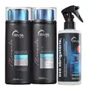 A imagem mostra três produtos da marca TRUSS, com dois frascos pretos de shampoo e condicionador da linha Miracle, com detalhes em azul e rosa claro, e do lado direito, um borrifador plástico preto com fundo azulado.