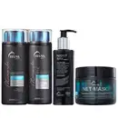 O conjunto de produtos Truss inclui shampoo, condicionador, sérum para noite e máscara capilar. As embalagens são em tons de preto e azul, com rótulos e informações sobre os benefícios dos produtos.