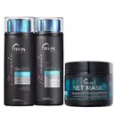 Conjunto de produtos de cuidados capilares da marca Truss, incluindo shampoo, condicionador e máscara capilar em embalagens pretas e azuis com detalhes em rosa. Os produtos prometem restaurar a elasticidade e resistência dos cabelos.