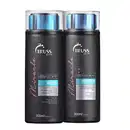 A imagem mostra dois frascos, um de shampoo e outro de condicionador da marca Truss. Os frascos são pretos e apresentam detalhes em rosa e um brilho metálico azul na parte superior transparente.