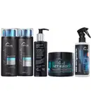 Conjunto de produtos de beleza da marca Truss, incluindo shampoo, condicionador, sérum noturno, máscara e spray para cabelos. Embalagens em preto, branco e tons azulados, com rótulos e informações sobre os produtos.