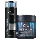A imagem tem dois produtos de marca TRUSS. Um frasco plástico grande preto, de shampoo, com o logo da marca acima e nome da linha na lateral esquerda. A máscara apresenta um pote grande preto arredondado, com fundo azul, marca e nome da linha em destaque.