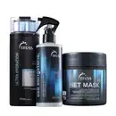 Kit com 3 produtos de TRUSS. Um frasco grande de shampoo, um frasco de uso obrigatório spray e um pote redondo de máscara capilar.