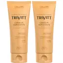 Dois frascos de creme hidratante leave-in da marca Itallian Hairtech Professional Trivitt. Os frascos são de plástico rígido na cor bege claro. Possuem formato cilíndrico com tampa na mesma cor.
