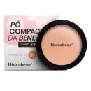 Pó compacto da marca Hidrabene com FPS 50, embalado em caixa rosa e recipiente preto redondo. O produto é um protetor solar facial em formato de pó compacto.