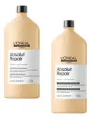 São dois frascos grandes de 1,5 litros da linha Absolut Repair da L'Oréal Professionnel. Os frascos têm uma cor bege claro e tampas pretas. Um frasco é rotulado como "Shampoo Profissional", enquanto o outro é rotulado como "Condicionador Profissional".