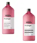 São dois frascos de plástico rígido de shampoo e condicionador com 1,5 litros cada, da linha Serie Expert Pro longer da L'Oréal Professionnel. Os frascos têm um formato cilíndrico e são de cor rosa vibrante.