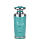 Frasco de perfume Lattafa Mayar, com design moderno e elegante em tons de azul-turquesa. O rótulo exibe o nome da marca em letras brancas. O frasco possui uma tampa decorativa com detalhes em prata, conferindo um visual sofisticado ao produto.