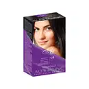 Caixa de tinta para cabelo Essenziale Alphaline, tonalizante em creme. A embalagem é uma caixa retangular de cor roxa escura com detalhes em branco. Na frente, há uma imagem de uma modelo com cabelos pretos. O texto na caixa indica que é o tom 1.0 Preto