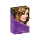 É uma caixa de tinta para cabelo da marca Alpha Line, da linha Essenziale. A embalagem é uma caixa retangular em tons de roxo. Na frente, há a imagem de uma modelo loira com cabelos ondulados. O número 8.0 indica o tom "Louro Claro".