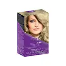 É uma caixa de tinta para cabelo da marca Alpha Line, linha Essenziale. A embalagem é uma caixa retangular roxa. Na parte frontal, há uma imagem de uma mulher loira. O número 9.89 indica o tom "Louro Claro" da tinta.