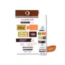 O produto apresentado é um protetor solar da marca Cosmobeauty, chamado Cosmoblock color. A embalagem contém informações sobre o produto, como FPS 98, PPD 34 e duração de 18 horas.