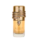 O item de perfumaria é um frasco dourado com um rótulo que exibe o nome "Musamam". O frasco possui uma tampa dourada com um adorno em forma de cobra enrolada ao redor. O design é elegante e sofisticado, com uma aparência luxuosa.