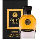 Perfume Amnia da marca Al Wataniah. Frasco de vidro âmbar com tampa preta brilhante. Caixa preta com detalhes dourados e o logotipo da marca em arabescos. Rótulo no frasco com o nome "Amnia" e detalhes em árabe.