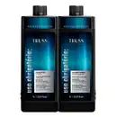 A imagem mostra dois frascos grandes de 1L de shampoo e condicionador TRUSS, frasco preto com azul.