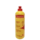 Frasco cilíndrico amarelo com tampa e detalhes em vermelho.