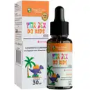 Embalagem composta por uma caixa retangular laranja e branca e um frasco com conta-gotas preto. A caixa e o frasco apresentam o nome do produto em letras coloridas e a ilustração de um dinossauro roxo em um cenário tropical com palmeiras e laranja.