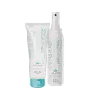 O produto apresentado é um conjunto de cuidados para cabelos da marca Wecare. Consiste em um tubo com o gel e um frasco spray. As embalagens são predominantemente brancas com detalhes em verde claro.