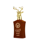 Frasco de perfume Lattafa Al Noble Wazeer com tampa dourada em formato de cabeça de cervo, embalagem marrom com logotipo e texto em árabe e inglês.