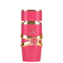 Frasco de perfume rosa da marca Lattafa Perfumes, com detalhes dourados na embalagem e rótulo com o nome "Yara". O produto possui uma tampa dourada e uma fita decorativa em tom dourado.