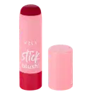Stick blush da marca Vizzela Cosméticos. Embalagem em formato de bastão, na cor rosa claro. O bastão tem o nome da marca "Vzla" e o produto "Stick blush" escritos em letras brancas.