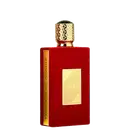 Frasco de perfume vermelho da marca Lattafa Perfumes, com tampa dourada e rótulo dourado com texto árabe. O frasco possui um design elegante e sofisticado.