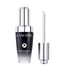 O frasco é preto com detalhes em prata, com o logotipo da marca Lancôme e o nome do produto "Génifique Ultimate" claramente visíveis. Ao lado  há um aplicador conta-gotas.