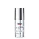 Frasco de vidro prateado com rótulo da marca Eucerin, contendo sérum epigenético Hyaluron-Filler para cuidados com a pele.