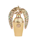 Frasco de perfume dourado da marca Lattafa, com detalhes em formato de pavões dourados e pedras coloridas, apresentando uma embalagem luxuosa e ornamentada.