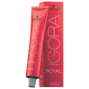 Coloração de cabelo da marca Schwarzkopf Professional, na cor vermelha, com o nome "Igora Royal" impresso em preto. O produto é descrito como uma tintura de cabelo permanente.