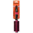 A imagem mostra a escova de cabelo rosa com cabo alongado preto. Na ponta há um informativo laranja com o nome da marca e detalhes do produto.