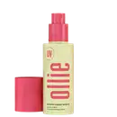 Frasco de spray de protetor capilar da marca Ollie, com embalagem amarela e rosa, contendo texto informativo sobre o produto e a indicação de proteção UV.