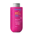 Frasco rosa de 250ml da máscara reconstrutora absoluta da linha SOS Reconstrução da Forever Liss, com informações sobre seus principais ingredientes e benefícios para cabelos danificados.