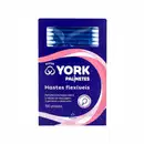 Caixa azul contendo 150 unidades de hastes flexíveis da marca York, destinadas à higiene diária e retoque da maquiagem. Produto com design moderno e informações sobre suas características na embalagem.
