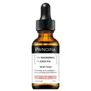 Frasco de vidro âmbar com conta-gotas preto contendo sérum facial da marca Principia.