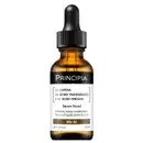 Frasco de soro facial da marca Principia, com 30ml de volume, contendo 5% de cafeína, 3% de ácido tranexâmico e 0,5% de ácido ferúlico. Rótulo preto e laranja destaca os principais ingredientes e benefícios do produto.