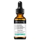 Frasco de vidro âmbar com conta-gotas preto contendo sérum facial Principia, com rótulo indicando ingredientes ativos como niacinamida, ácido glicólico, ácido tranexâmico e ácido salicílico, para tratamento de acne, oleosidade e textura irregular da pele.