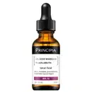 Frasco de vidro âmbar com conta-gotas preto contendo sérum facial da marca Principia, com rótulo indicando 10% de ácido mandélico e 1% de alfa-arbutina, para tratamento de acne, oleosidade e poros dilatados.