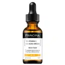 Frasco de vidro âmbar com conta-gotas preto contendo sérum facial da marca Principia.