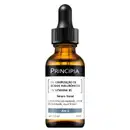 Frasco de vidro âmbar com conta-gotas preto contendo sérum facial Principia com 2% de ácidos hialurônicos e 1% de vitamina B5, indicado para linhas finas e perda de hidratação.