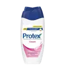 Frasco de creme Protex com embalagem branca e azul, destacando a proteção antibacteriana natural com óleo de linhaça. O rótulo apresenta o nome da marca "Protex" em destaque.