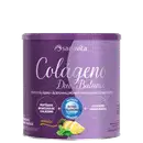 Lata roxa da marca Sanavita contendo o produto "Colágeno Duo Balance", com informações sobre os ingredientes de colágeno hidrolisado e ácido hialurônico.