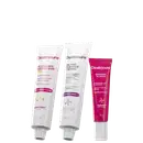 Três produtos da marca Cicatricure: um gel creme facial antissinais diurno, um gel para cicatrizes e estrias, e um contorno de olhos.