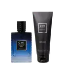 Conjunto O.U.i composto por frasco azul degradê de Eau de Parfum Le Flâneur 020 com tampa preta e tubo preto de Crème à Raser Home 100g, ambos com rótulos brancos e pretos.